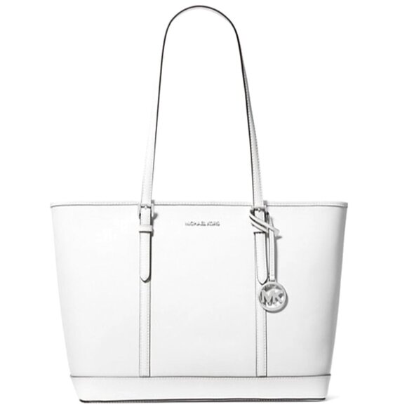 New Michael Kors Jet Set Travel Large Saffiano Leather Tote Bag Optic White - Picture 2 of 4